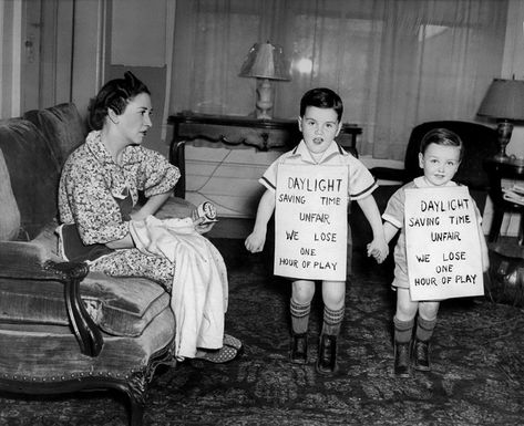 UNITED STATES - APRIL 27, 1939: Children protest the daylight-savings time. Daylight Saving Time, Medicine Notes, Daylight Saving, Nyc Park, Daylight Savings, Daylight Savings Time, Today In History, Saving Time, Enjoying The Sun