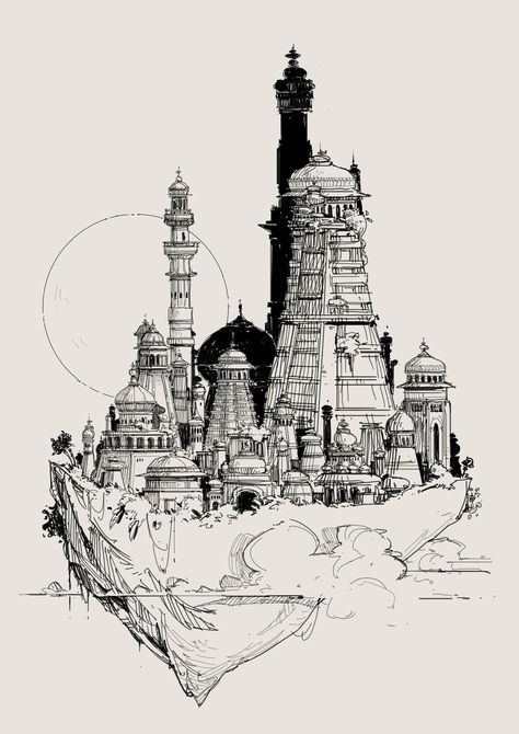 Magic Steampunk, City Sketch, Daily Sketch, Floating City, Pen Art Drawings, City Drawing, Magic City, City Illustration, Fantasy City