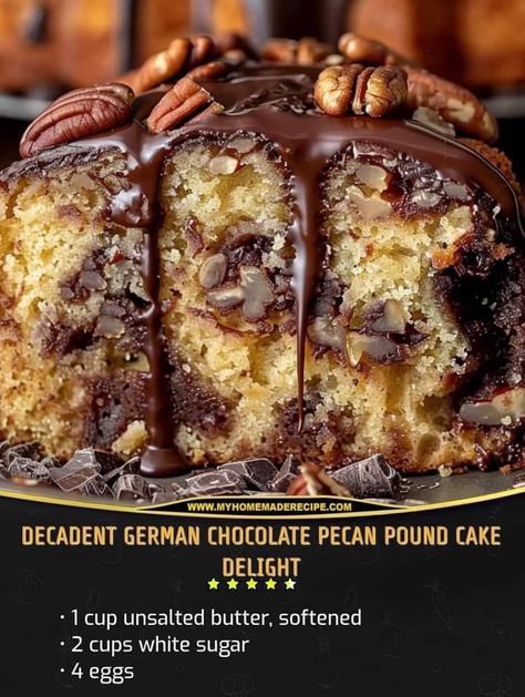 German Chocolate Pound Cake, Pecan Pound Cake, Chocolate Pound Cake, Pecan Cake, Delicious Cake Recipes, Chocolate Pecan, German Chocolate, Pound Cake Recipes, Eat Dessert