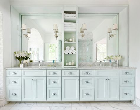 Lighting on the mirrors - House of Turquoise: Mark Williams Design Associates - Interior Design - Home Decor - #design #decor #interiordesign Bathroom Linen Tower, Blue Bathroom Vanity, Bathroom Cabinets Designs, Double Sinks, Large Bathroom, House Of Turquoise, Bad Inspiration, Marble Bathroom, Bathroom Renos