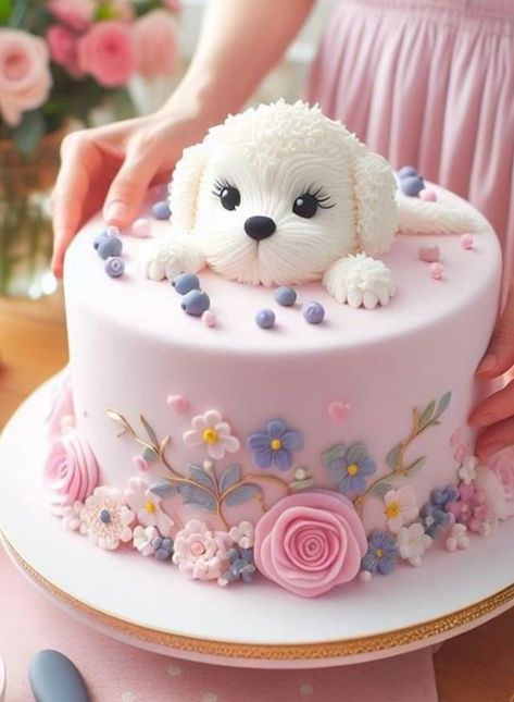 Cake Design For Dogs Birthday, Puppy Themed Cake, Puppy Dog Cakes, Princess Theme Cake, Doggy Birthday, Puppy Cupcakes, Kid Cakes, Baby First Birthday Cake, Fondant Cake Designs