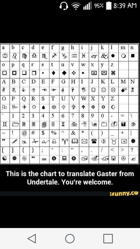 And here > http://grompe.org.ru/static/wingdings_gaster.html Gaster Language, Undertale Puns, Wing Dings, W.d Gaster, Undertale Gaster, Basic Japanese Words, Japanese Language Lessons, Controversial Topics, Undertale Sans