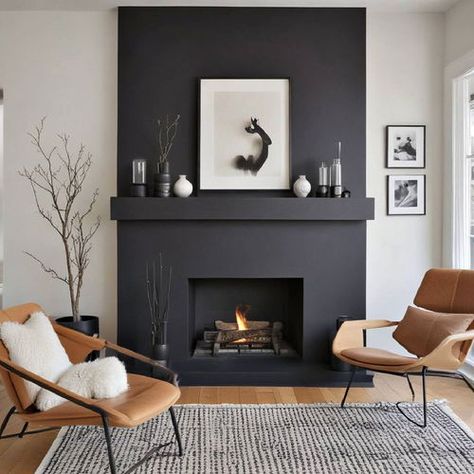 30 Painted Fireplace Ideas for a Modern Transformation Fireplace With Wallpaper Accent Walls, Dark Painted Fireplaces, Painting Fireplace Wall, Modern Black Tile Fireplace, Dark Gray Fireplace Wall, Dark Painted Fireplace Surround, Two Toned Fireplace, Living Room With Fireplace Design Ideas, Charcoal Fireplace Wall