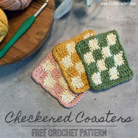 This checkered crochet coaster pattern is a quick and easy project and perfectly on trend! Have fun picking your colors! Free crochet pattern from Cute As A Button Crochet & Craft! Checkered Crochet Tutorial, Crochet Checker Board, Crochet Plaid Coasters, Crochet Coaster Pattern Free, Checkered Coaster Crochet, Gingham Coaster Crochet, Table Crochet, Checkered Crochet, Crochet Coasters Free Pattern