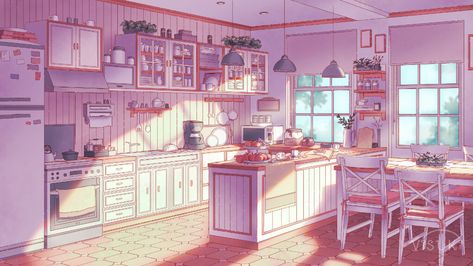 Cute Kitchen Illustration, Gacha Life Backgrounds House, Gacha Kitchen Background, Mobile Game Art, Anime Houses, Background Game, Kitchen Background, Anime House, Romantic Story