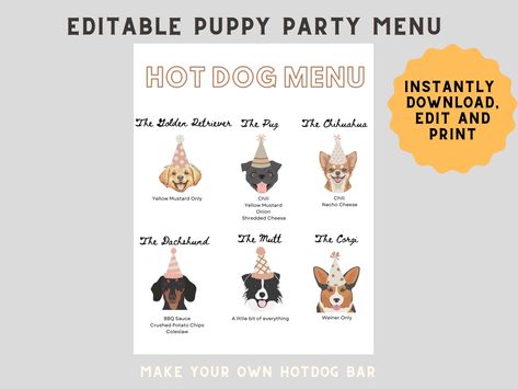 Hot Dog Party, Hot Dog Bar, Birthday Menu, Printable Menu, 2nd Birthday Party, Puppy Birthday, Party Bundles, Dog Party, Party Menu