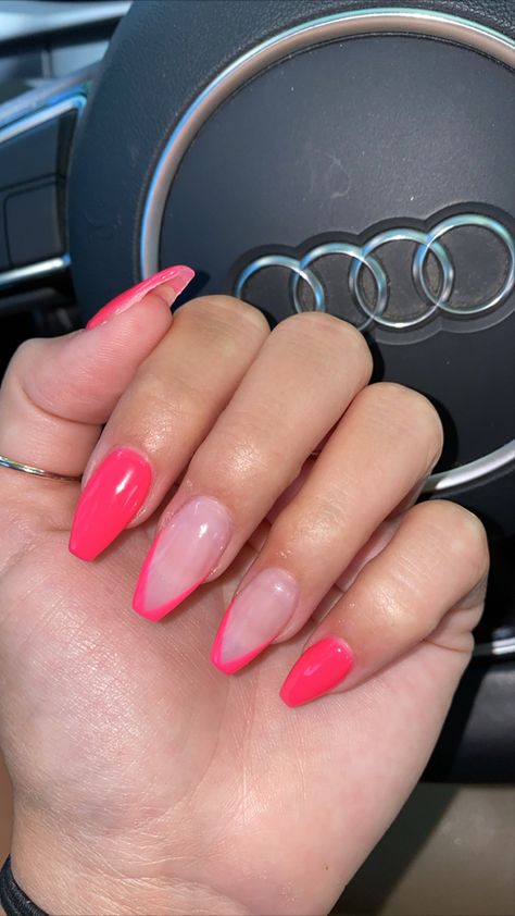 Pink V French Tip Nails Coffin, Med Coffin Shape Nails, Medium Ballerina French Tip Nails, Ballerina Nail Ideas Medium, Colored Coffin French Tips, Pink Ballerina Nails Medium, Pink French Tip Nails Coffin Medium, Medium Coffin Shape Nails French Tip, Medium Length Coffin Acrylic Nails Pink