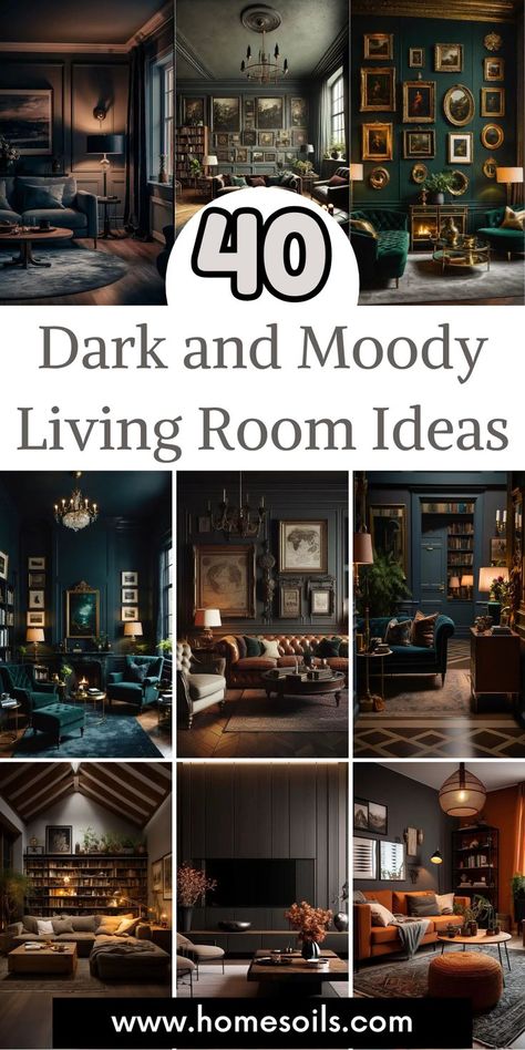 Embrace elegance with these 40 dark and moody living room ideas! Rich colors, dramatic lighting, and luxurious textures come together to create a cozy, intimate space that's both stylish and inviting. Perfect for adding a touch of sophistication to your home. Dark Great Room Walls, Moody Christmas Decor Living Room, Small Party Room Ideas, Dark And Cozy Aesthetic, Moody Teal Color Palette, Dark Cozy House Aesthetic, Moody Dark Green Living Room, Dark Moody Lounge Room, Dark Kitchen And Living Room Combo