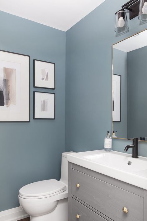 15 Best Blue Gray Paint Colors: Top Picks for a Stylish Space Bm Blue Paint Colors, Blue Powder Room Ideas, Gray Paint Colors Sherwin Williams, Grey Bathroom Paint, Blue Powder Room, Blue Bathroom Paint, Powder Room Paint, Blue Bathroom Walls, Bathroom Wall Colors