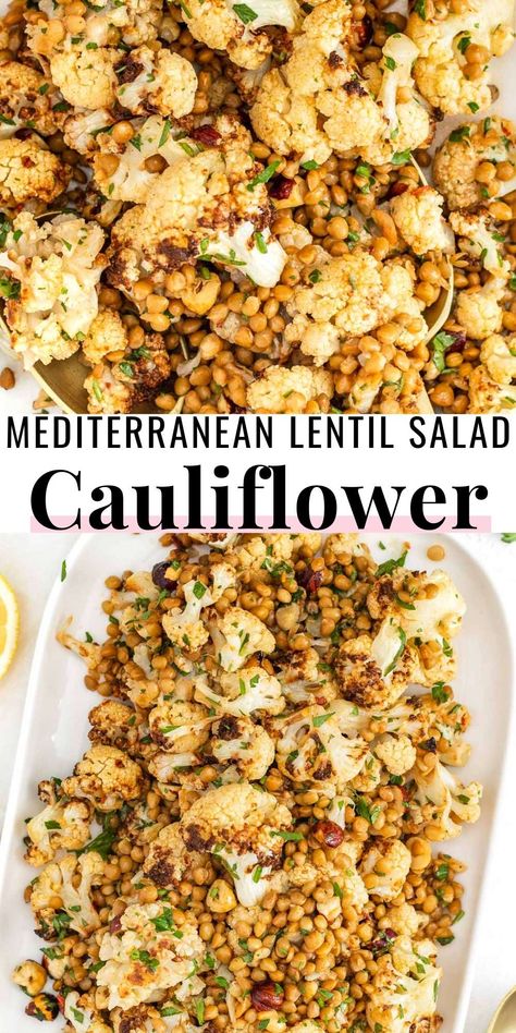 Cauliflower lentil salad is an easy and delicious Mediterranean-inspired recipe packed with bold flavors and wholesome ingredients.We make it with roasted cauliflower, lentils, parsley, and an aromatic cumin and lemon dressing. Lentils And Roasted Vegetables, Roasted Cauliflower Lentil Salad, Lentils And Cauliflower, Anti Inflammation Lentil Recipes, Lentil Side Recipes, Lentil Chickpea Salad, Sprouted Lentil Salad, Roasted Veggie Lentil Salad, Low Carb Lentil Recipes