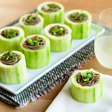 15 Cucumber Appetizers for Spring Entertaining | Kitchn Cups Recipes, Cucumber Appetizers, Cucumber Cups, Favorite Appetizers, Vegan Appetizers, Finger Food Appetizers, Spring Party, Perfect Appetizers, Gin Tonic