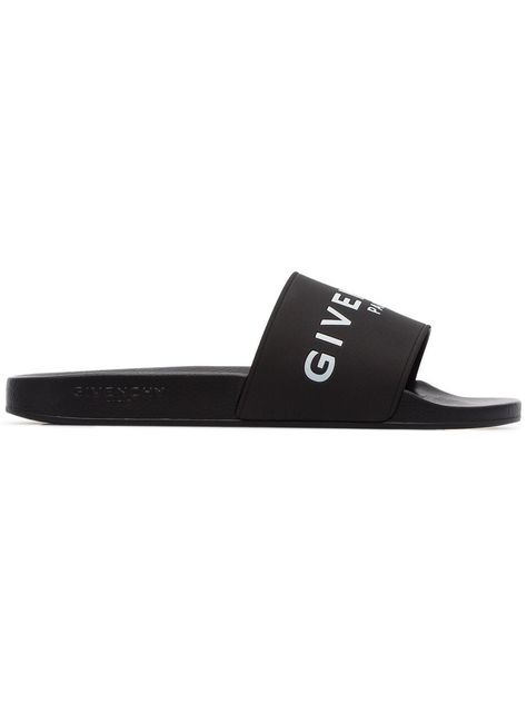 GIVENCHY GIVENCHY BLACK LOGO PRINT RUBBER SLIDES. #givenchy #shoes Mens Leather Flip Flops, Minimalist Sneakers, Slide Flip Flops, Gucci Slides, Designer Slides, Givenchy Logo, Givenchy Shoes, Street Kids, Leather Flip Flops