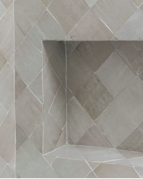 Zellige Tile Shower Floor, Zellige Shower Niche, Zellige Tile Shower Niche, Zellige Shower Tile, Square Tile Patterns, Tile Shower Walls, Zellige Tile Bathroom, Tile Shower Niche, Mindy Gayer Design