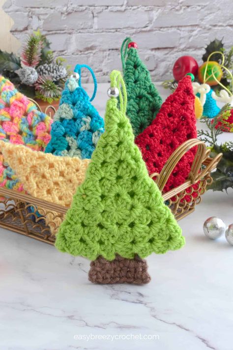 Granny Square Christmas Tree Ornament | Easy Breezy Crochet Crochet Christmas Tree Granny Square, Crochet Granny Christmas Tree, Crochet Granny Square Ornament, Granny Square Christmas Ornaments, Crochet Granny Square Christmas Tree, Christmas Tree Granny Square, Crochet Christmas Granny Square, Granny Square Christmas Tree, Christmas Crochet Ornaments