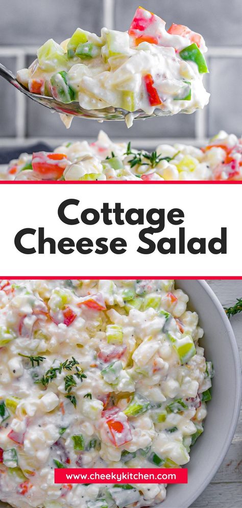 The flavor-packed vegetables in this classic cottage cheese salad are tomato, onion, bell pepper, and cucumber. And then all that’s left is to add a little salt and pepper to taste. So, so good! Cottage Cheese Cucumber Tomato Salad, Cucumber Tomato Cottage Cheese Salad, Cottage Cheese Salad Recipes Veggies, Cottage Cheese Coleslaw, Tuna Salad With Cottage Cheese, Cucumber Cottage Cheese Salad, Cottage Cheese Cucumber Salad, Cucumber Bell Pepper Salad, Cottage Cheese Tuna Salad