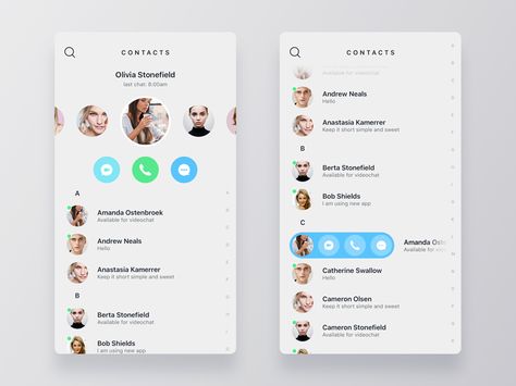 Fresh concept for new messenger app. Showing recent users you chat with, called or had a video call with. The work in progress. Halloween Contact Lenses, Android Design, Mobile App Design Inspiration, Ios Ui, Apps Design, Ux Mobile, Ux Design Inspiration, Mobile Ui Design, Contact Page