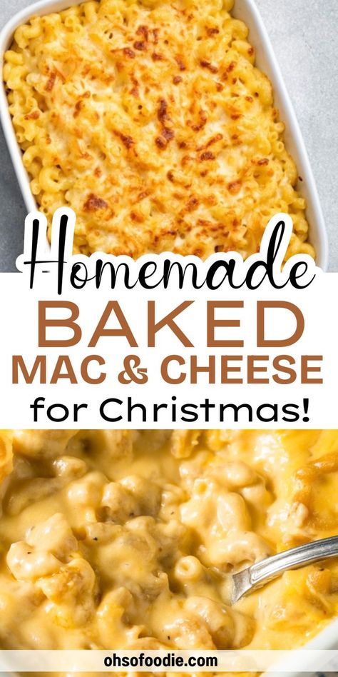 Text reads Homemade  Baked Mac & Cheese For Christmas Easy Homemade Mac And Cheese Baked, Christmas Mac And Cheese, Truffle Mac And Cheese Recipe, Creamy Baked Mac And Cheese Recipe, Best Homemade Mac And Cheese Recipe, Ham Mac And Cheese, Homemade Baked Mac And Cheese, Homemade Mac And Cheese Recipe Easy, Homemade Mac And Cheese Recipe Baked