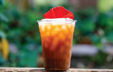 Disney Recipe: Make Disneyland's 'Lion King'-Themed Drink at Home! - AllEars.Net Unsweetened Iced Tea, Spiced Popcorn, Disney Menus, Mango Drinks, Drink At Home, Disney Recipes, Dried Pineapple, Mango Syrup, Pride Rock