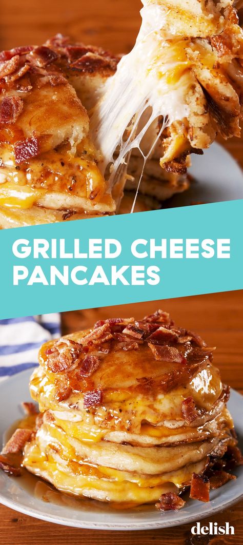 Grilled Cheese Pancakes Are The Brunch Mash-Up Of Your DreamsDelish Grilled Cheese Pancakes, Pancake Recipe Flavored, Pancake Sandwich Ideas, Food Recipes Pancakes, Most Delicious Pancake Recipe, Pancake Grilled Cheese, Loaded Pancakes, Special Pancakes, Lunch Pancakes