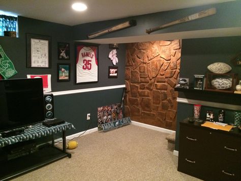 Husband eagles man cave 3 Eagles Basement, Philadelphia Eagles Room, Eagles Man Cave, Philadelphia Eagles Man Cave, Brown And Gray Bathroom, Man Cave Paintings, Bedroom Paint Schemes, Gentlemans Lounge, Rustic Man Cave