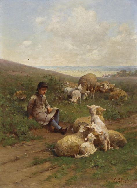 Luigi Chialiva - A young shepherd with his flock Sheep Art, Arte Animal, Romantic Art, Koala, Art History, Animal Art, Landscape Paintings, Beautiful Art, Sheep