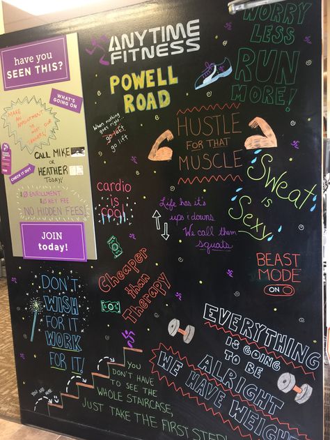 Gym Whiteboard Ideas, Workout Chalkboard Ideas, Fitness Chalkboard Ideas, Gym Chalkboard Ideas, Gym Chalkboard, Gym Marketing, Anytime Fitness Gym, Fitness Center Design, Chalkboard Wall Art