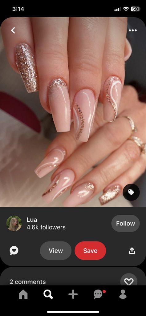 Elegant Nail Extension Designs, Gold And Natural Nails, Pink And Rose Gold Nails Acrylic, Pink Nail Extension Designs For Wedding, Bridesmaid Nails Gold Accent, Cute And Classy Nails, Bridesmaid Nails Rose Gold, Rose Gold Bridesmaid Nails, Pink And Champagne Nails