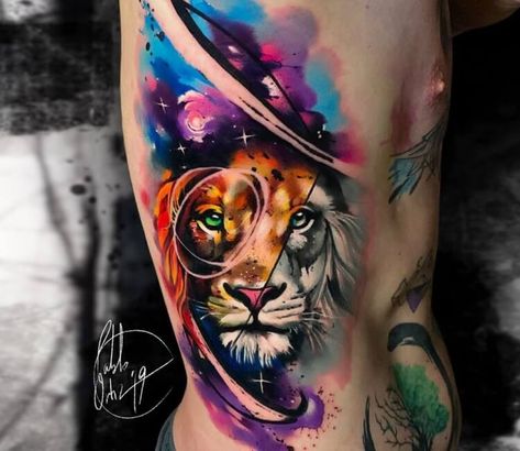 Lion tattoo by Pablo Ortiz Colorful Lion Tattoo, Atrapasueños Tattoo, Tato Maori, Geometric Lion Tattoo, Abstract Lion, Lioness Tattoo, Lion Tattoo Sleeves, Lion Head Tattoos, Lion Tattoo Design