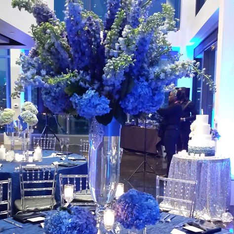 Blue Delphiniums tonight for my Bride!!! @ellybevents #details @florelladesigns is The Best!  #theperfectcreation Royal Blue Floral Arrangements, Blue Floral Arrangements, Blue Tablescape, Blue Decorations, Tall Centerpiece, Blue And White Wedding, Blue Weddings, Blue Delphinium, 45th Birthday