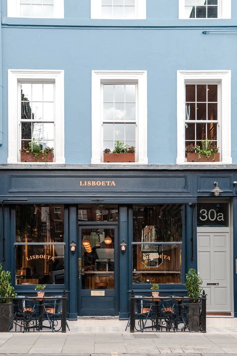 Coffee Shop Front View, Boutique Door Store Fronts, London Coffee Shop Interiors, Downtown Store Fronts, Blue Bakery Aesthetic, French Cafe Exterior, French Bakery Interior, French Bakery Design, Vintage Shop Fronts