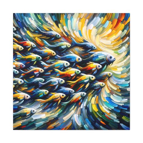 Fish Composition Paintings, School Of Fish Art, Salmon Fish Art Paintings, Abstract Fish Painting, School Of Fish Painting, Fish Abstract, Fish School, Famous Fish Paintings, School Of Fish