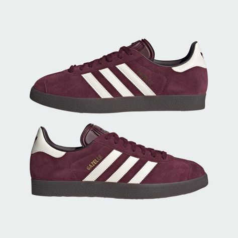 Burgundy Gazelle Outfit, Burgundy Gazelle, Burgundy Adidas, Adidas Gazelle Shoes, Gazelle Adidas, Gazelle Shoes, Off White Shop, Adidas Outfit, Retro Sneakers