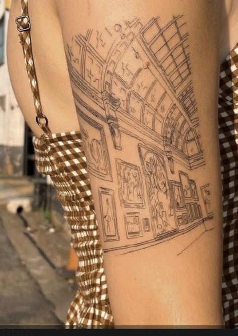 Museum Art Tattoo, Reinassance Tattoo Idea, Museum Full Of Art Tattoo, Rennaissance Art Tattoo Sleeve, Building Tattoo Architecture, Louvre Tattoo, Florence Italy Tattoo, Architecure Tattoos, Dark Academia Tattoo