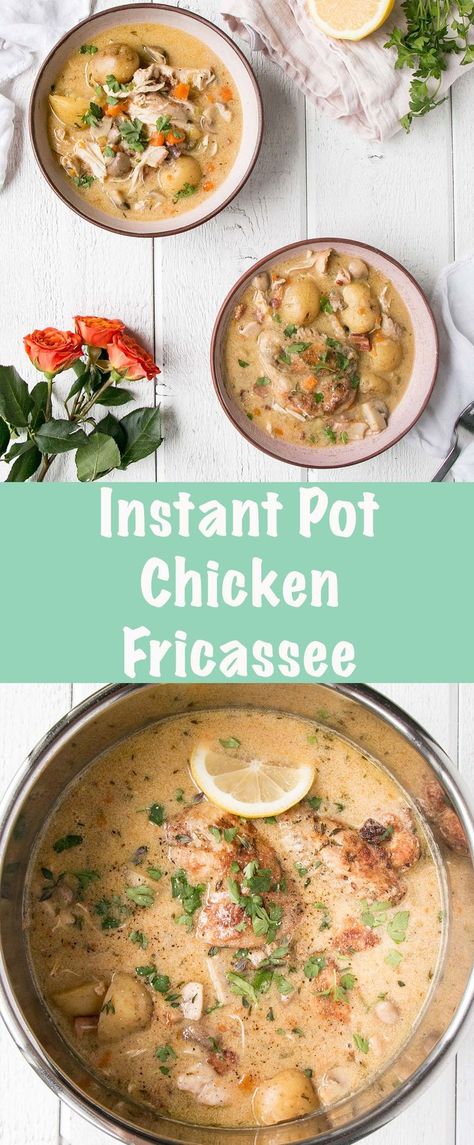 Instant Pot Chicken Fricassee is a classic French Chicken Stew made easy and quick thanks to the Instant Pot! #chicken #stew #instantpot White Wine Chicken Instant Pot, White Wine Chicken Stew Instant Pot, Instant Pot Chicken Fricassee, Chicken Fricasse Recipe, French Chicken Stew, Instant Pot Chicken Stew, Chicken Saute, Ip Chicken, French Chicken