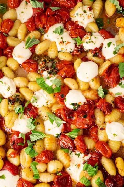 Caprese Gnocchi Recipes, Gnocchi And Tomatoes, Cherry Tomato Gnocchi, Gnocchi Tomato Recipes, Gnocchi Tomato Mozzarella, Caprese Gnocchi, Gnocchi With Tomatoes, Grape Tomato Recipes, Popular Pasta Recipes