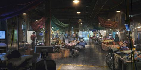 Elias Wirtham's Secret Hospital Concept Art from Spider-Man (PS4) #art #artwork #gaming #videogames #gamer #gameart #illustration #conceptart Fantasy Hospital Concept Art, Post Apocalyptic Hospital, Hospital Concept Art, Fantasy Hospital, Hero Reference, Hospital Concept, Writing Scenes, Hospital Art, Spider Man 2018