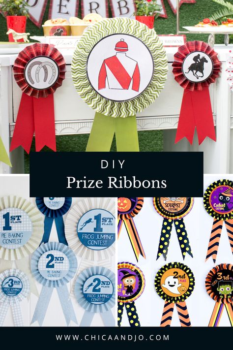 Whether you want to make a prize ribbon for your cook-off, Halloween party, or shower games, or you want to learn to make rosettes for decor, this tutorial will show you how to make them in all shapes and sizes! #partyideas #rosettes #partyprizes #partyfavors #partygames Prize Ribbons Diy, Costume Winner Prizes, Paper Rosette Wands, Rosette Badge, Diy Rosette Award Ribbon, Party Prizes, Shower Games, Party Games, Halloween Party