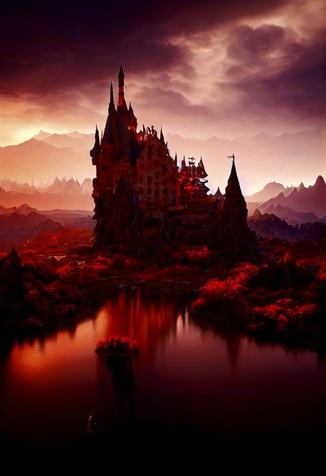 Red Fantasy Castle, Gothic Atrium, Red Kingdom Aesthetic, Red Castle Aesthetic, Rose Knight, Dark Mansion, Steampunk Ship, Red Castle, Red Kingdom