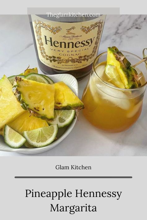 Ingredients ◦ 4 ounces Margarita mix ◦ 4 ounces pineapple juice ◦ 3 ounces Hennessy ◦ Fresh pineapple (optional garnish ) ◦ Fresh lime (optional garnish ) Pineapple Hennessy Lemonade, Hennessy Drinks Recipes Pineapple, Henny Drinks, Hennessy Margarita, Hennessy Cocktails, Hennessy Drinks, Drink Ingredients, Peach Margarita, Alcohol Beverages