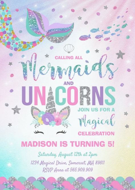 Mermaid & Unicorn Birthday Invitation Magic Party #invites #invitations #template #girls #kids #children #birthday #party Mermaid And Unicorn, Mermaid Party Invitations, Unicorn Birthday Party Decorations, Unicorn Party Invites, Surprise Birthday Invitations, Rainbow Unicorn Party, Unicorn Birthday Invitation, Mermaid Unicorn, Unicorn Themed Birthday Party