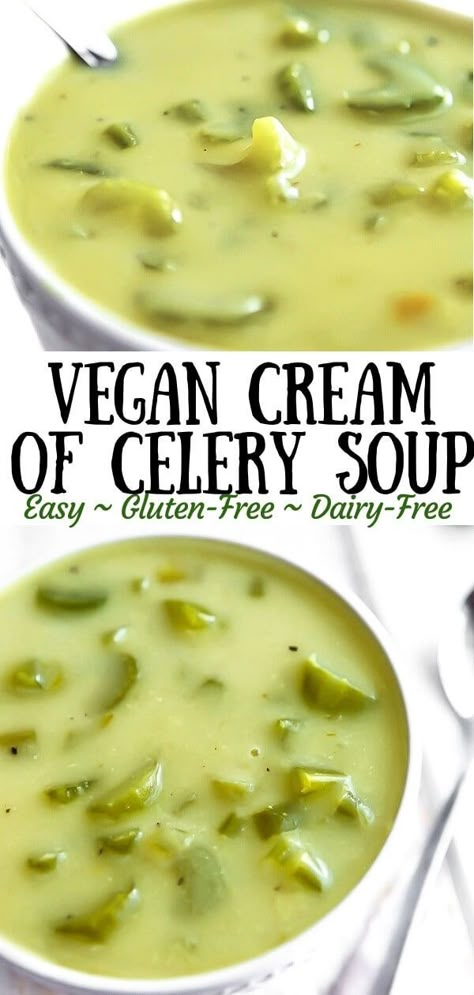 This vegan cream of celery soup is gluten-free, dairy-free, and can be made soy-free too.  It’s hearty, creamy, and pure vegan comfort food!  Using a few simple ingredients that you probably already have in your kitchen; this easy soup is a family favorite!  Rich creamy comfort food like mom used to make... only made vegan. #vegan #vegansoup #thehiddenveggies Celery Recipes, Healthy Nutrition Plan, Cream Of Celery, Soup Easy, Vegan Cream, Cream Of Celery Soup, Celery Soup, Easy Soup, Vegan Comfort Food