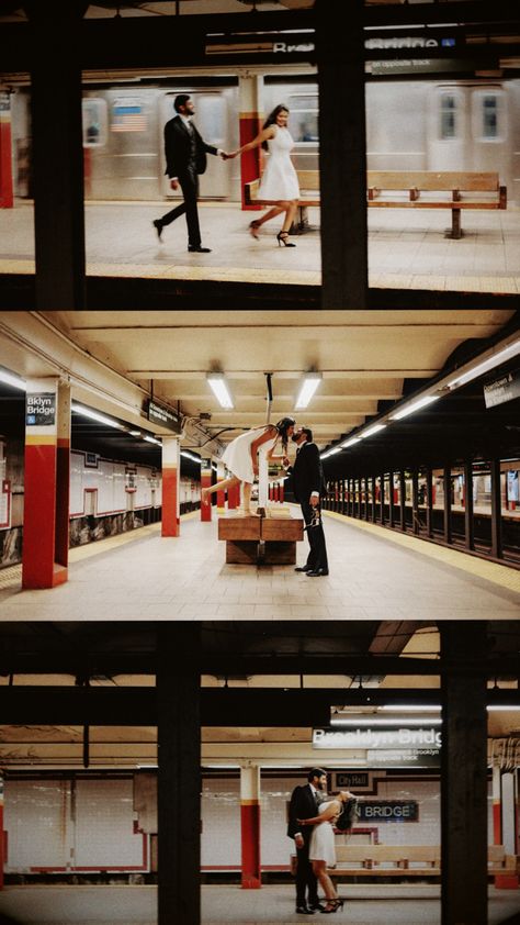 New York Prenup Shoot, New York Subway Photoshoot, Train Engagement Pictures, Nyc Subway Engagement Photos, Airport Prewedding, Engagement Shoot Unique, Winter Wedding City, Subway Photoshoot Couple, Subway Wedding Photos