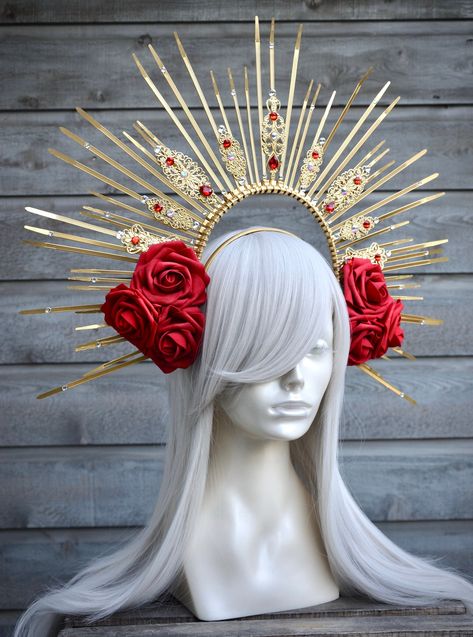 Gold Sunburst Red Rose Halo Crown, Spike Headpiece, Gothic Crown, Saint Mary, Day of the Dead Headdress, Headband, Goddess, Lolita. Goddess Photoshoot, Seashell Headband, Mermaid Headpiece, Mary Day, Seashell Crown, Fantasy Crown, Make A Crown, Fantasy Au, Gothic Crown