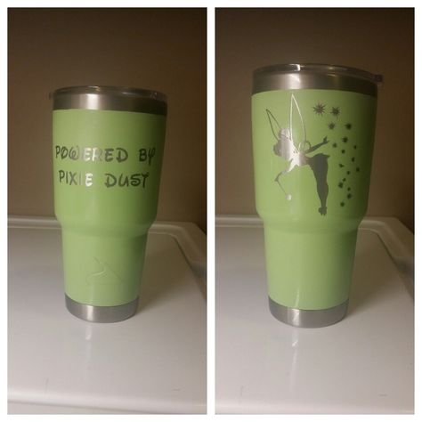 Painted Ozark Tumbler- Tinkerbell Pixie Dust- Two sided.(Yeti) Chicago Coffee Shops, Decorated Cups, Couples Mugs, Disney Monogram, Cup Painting, Girls Night Crafts, Maxwell House Coffee, Paint Dipping, Engraved Yeti