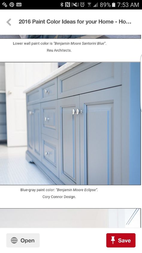 Blue Gray Paint Colors Bathroom, Behr Ombre Blue, Blue Bathroom Cabinets, Paint Colors Bathroom, Paint Vanity, Gray Paint Colors, Blue Gray Paint Colors, Blue Gray Paint, Santorini Blue