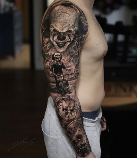 Werewolf Back Tattoo, Cartoon Mashup Tattoo, Horror Leg Sleeve Tattoo Men, Horror Icons Tattoo, Scary Movie Tattoos Sleeve, Halloween Sleeve Tattoo, Horror Leg Sleeve Tattoo, Horror Movie Tattoos Sleeve, Horror Leg Sleeve