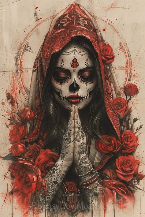 Sugar Skulls Wallpaper, Katrina Tattoo Mexicana, Mictecacihuatl Tattoo, Dark Red Tattoo, Mexican Sugar Skull Art Beautiful, Santa Muerte Art, Sugar Skull Art Painting, Santa Muerte Tattoo, Sugar Skull Art Drawing