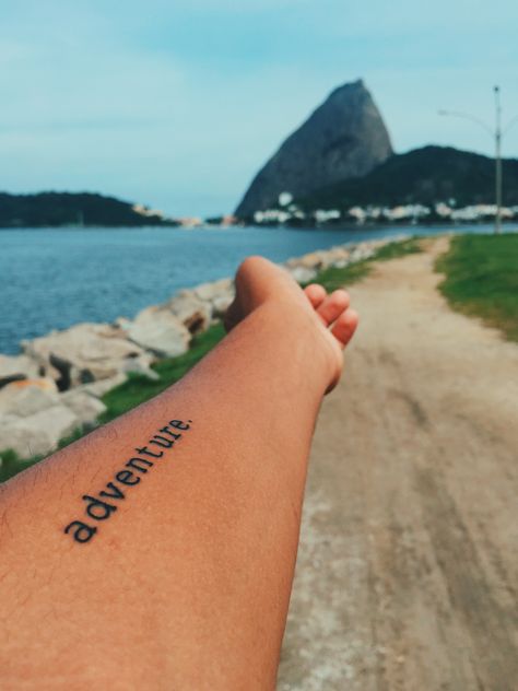 Adventure Tattoo #adventure #tattoo #fonts Never Stop Exploring Tattoo, Adventurer Tattoos, Adventure Is Out There Tattoo, Explore Tattoo Ideas, Surfer Tattoo Ideas, Adventure Tattoo Ideas, Roadtrip Tattoo, Tatoo Adventure, Surfer Tattoo