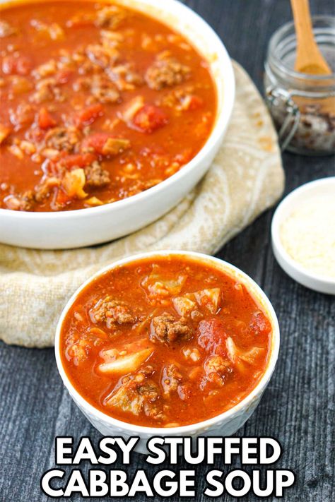 bowls with stuffed cabbage rolls soup and text Halupki Soup, Stuffed Cabbage Soup Recipe, Stuffed Cabbage Soup, Easy Stuffed Cabbage, Meal In A Bowl, Soup Hearty, Cabbage Soup Recipe, Ground Beef And Cabbage, Hearty Soup Recipes