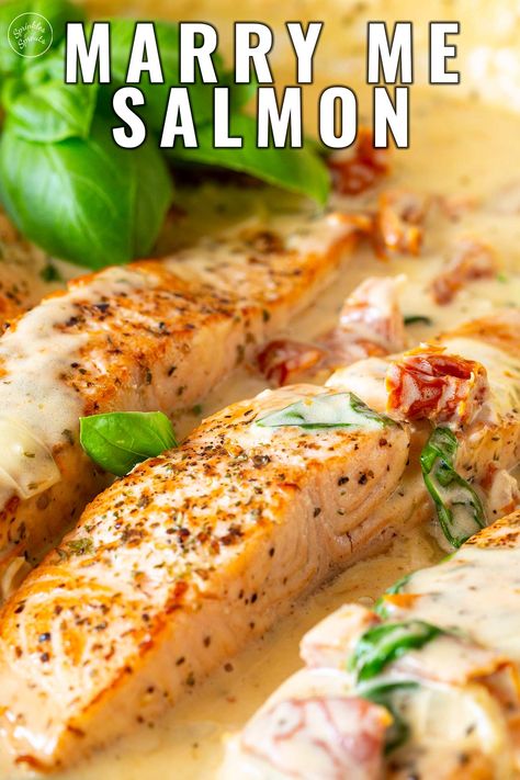 This Marry Me Salmon is as cozy and comforting as it is delicious. Tender, pan-seared salmon simmered in a sun-dried tomato sauce that's creamy and garlicky. This recipe is simple yet elegant, using pantry staples you probably already have in your kitchen. It comes together in under 30 minutes and cooks in one skillet, making cleanup a breeze! Serve it with pasta, rice, or mashed potatoes to catch every last bit of that sauce. Sun Dried Tomato Salmon Pasta, Salmon Over Mashed Potatoes, Spaghetti Squash And Salmon Recipes, Merry Me Salmon, Salmon Cherry Tomatoes, Marry Me Salmon Pasta, Sauce For Salmon And Rice, Marry Me Salmon Recipe, Salmon With Pasta Recipes